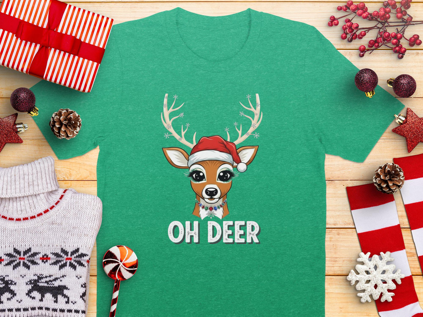 Oh Deer Christmas T-Shirt, Reindeer Santa Hat, Holiday Tee