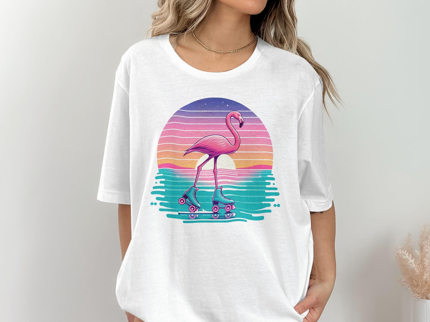 Flamingo Roller Skate T-Shirt, Retro Sunset Graphic Tee