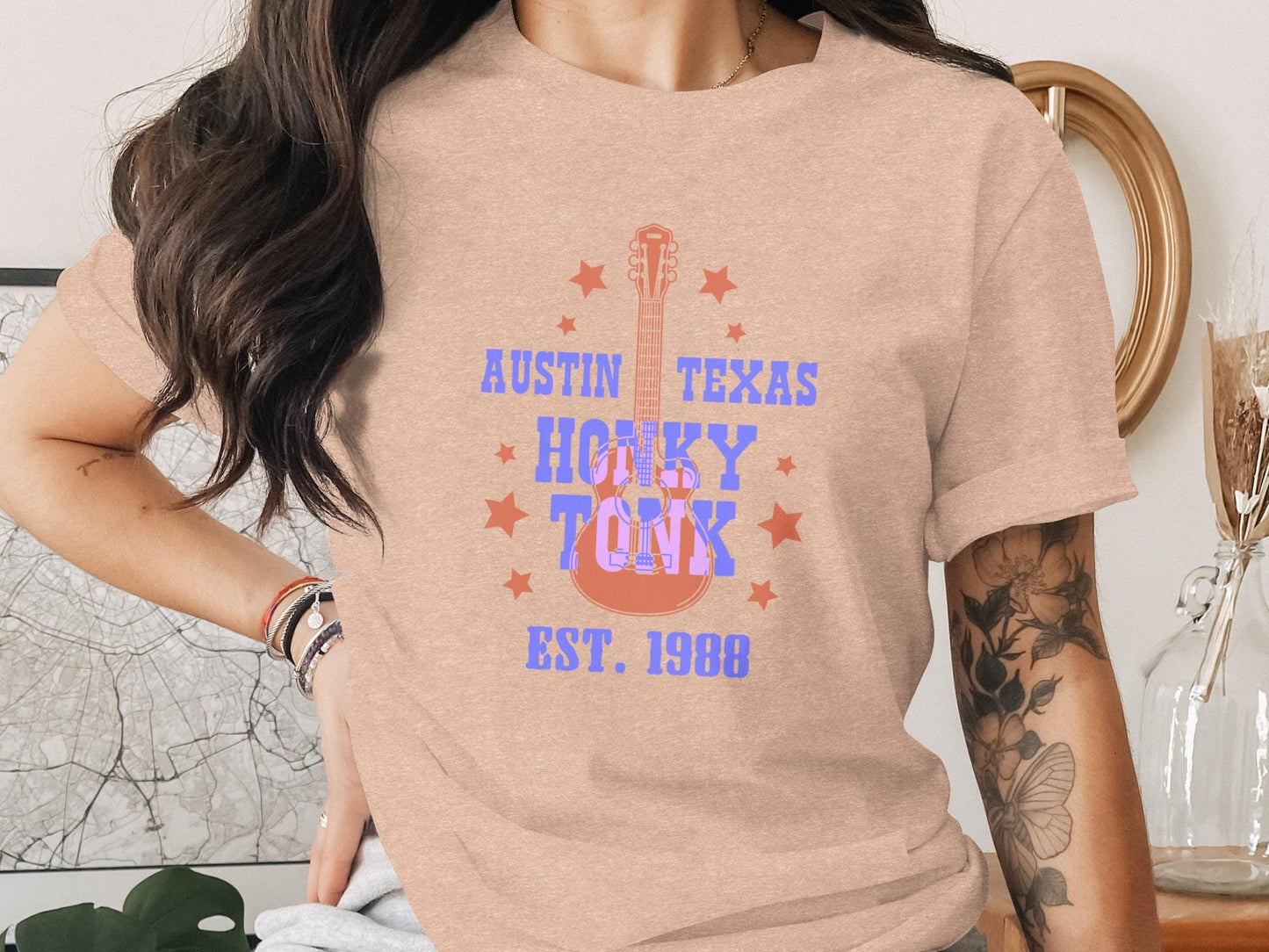 Austin Texas Honky Tonk Guitar T-Shirt, Music Lover Gift