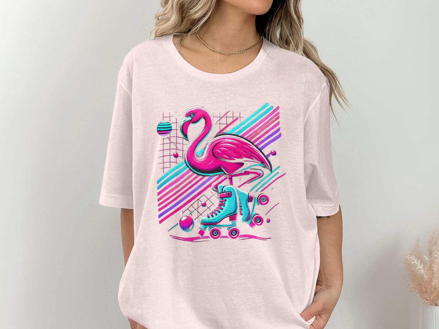 Flamingo Roller Skate T-Shirt, Retro 80s Graphic Tee