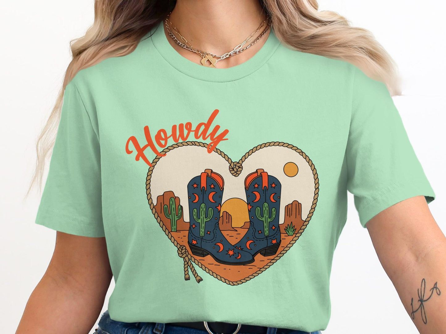 Howdy Cowboy Boots T-Shirt, Western Cactus Heart Tee