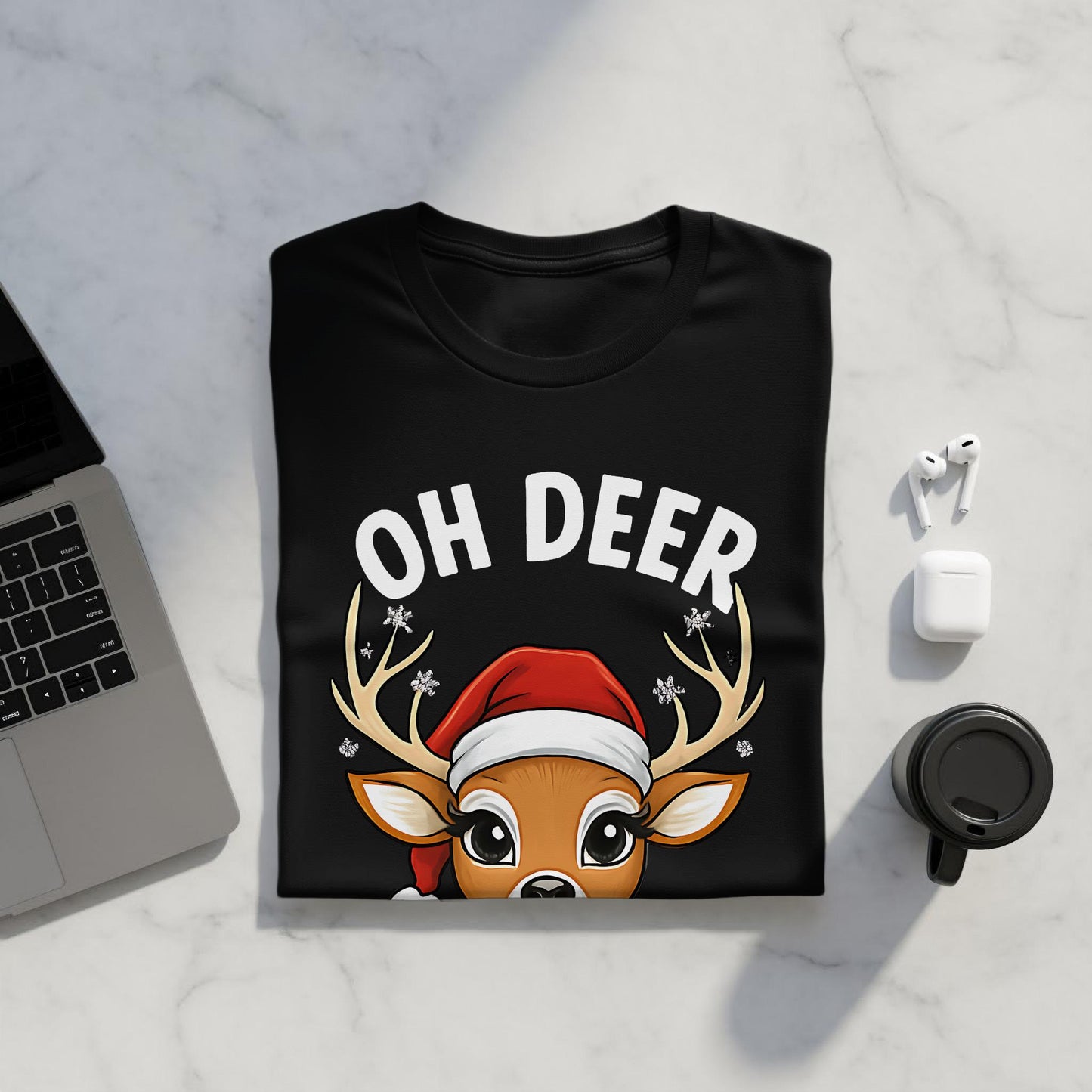 Christmas Deer T-Shirt: Cartoon Santa Hat Reindeer Tee
