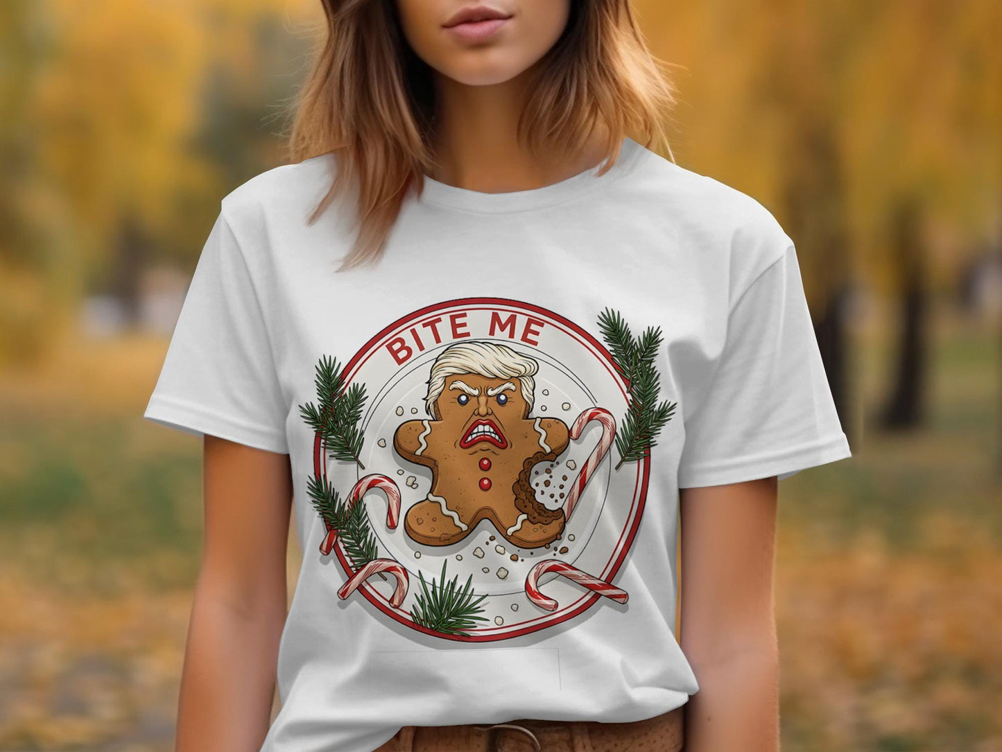Bite Me Gingerbread Trump T-Shirt, Funny Political Tee, Anti Trump Xmas Gift, Holiday Season Shirt, Controversial Humor Apparel
