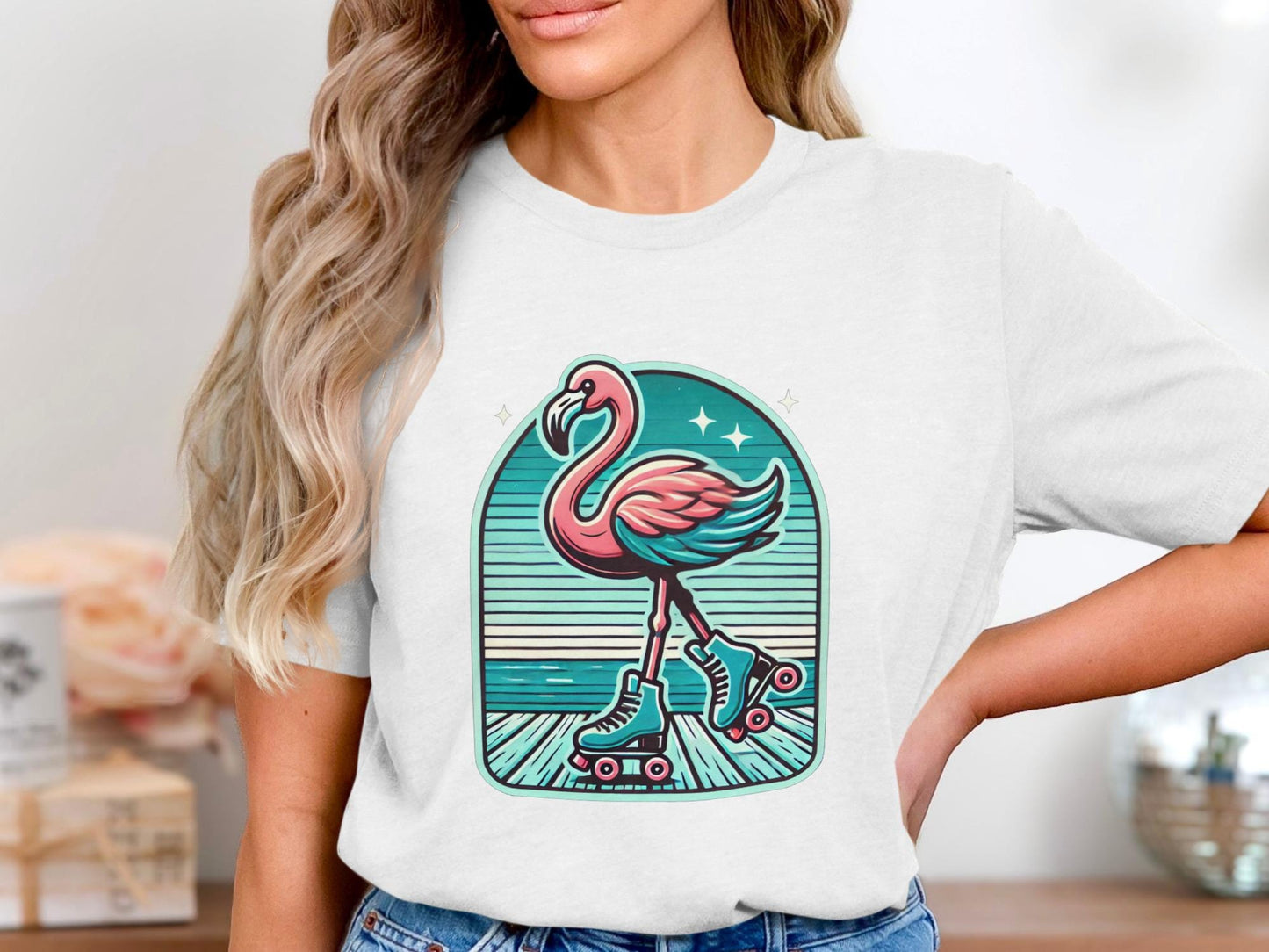 Retro Roller Flamingo T-Shirt, Fun Unique Design
