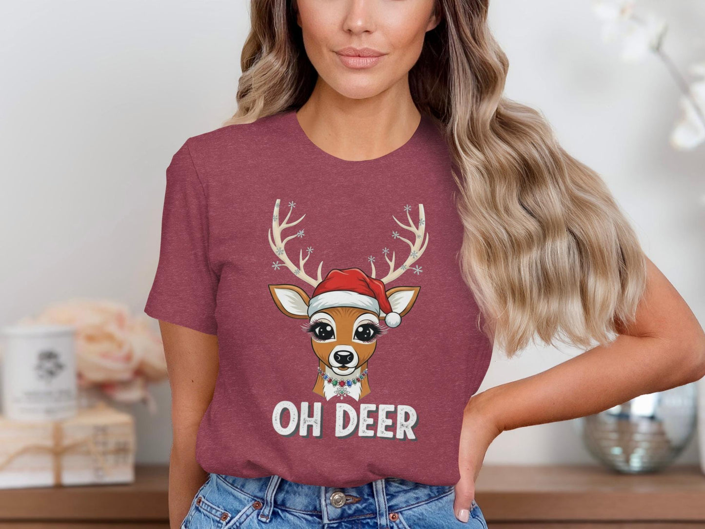 Oh Deer Christmas T-Shirt, Reindeer Santa Hat, Holiday Tee