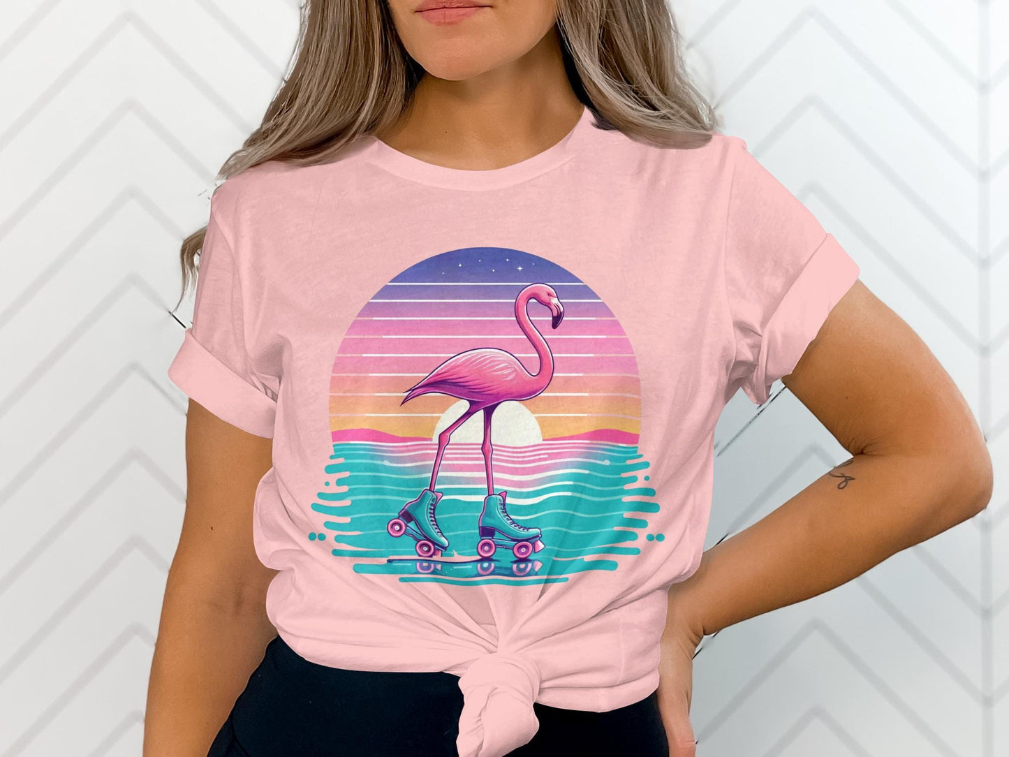 Flamingo Roller Skate T-Shirt, Retro Sunset Graphic Tee