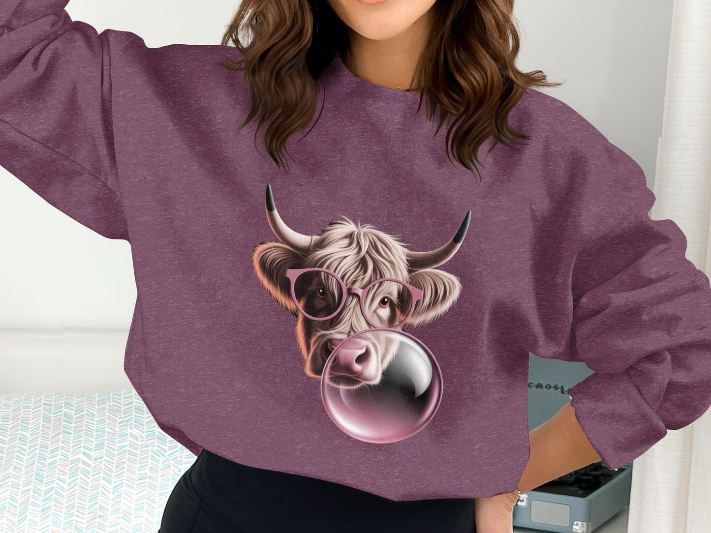 Highland Cow T-Shirt, Pink Glasses, Bubble Gum, Funny Animal Tee