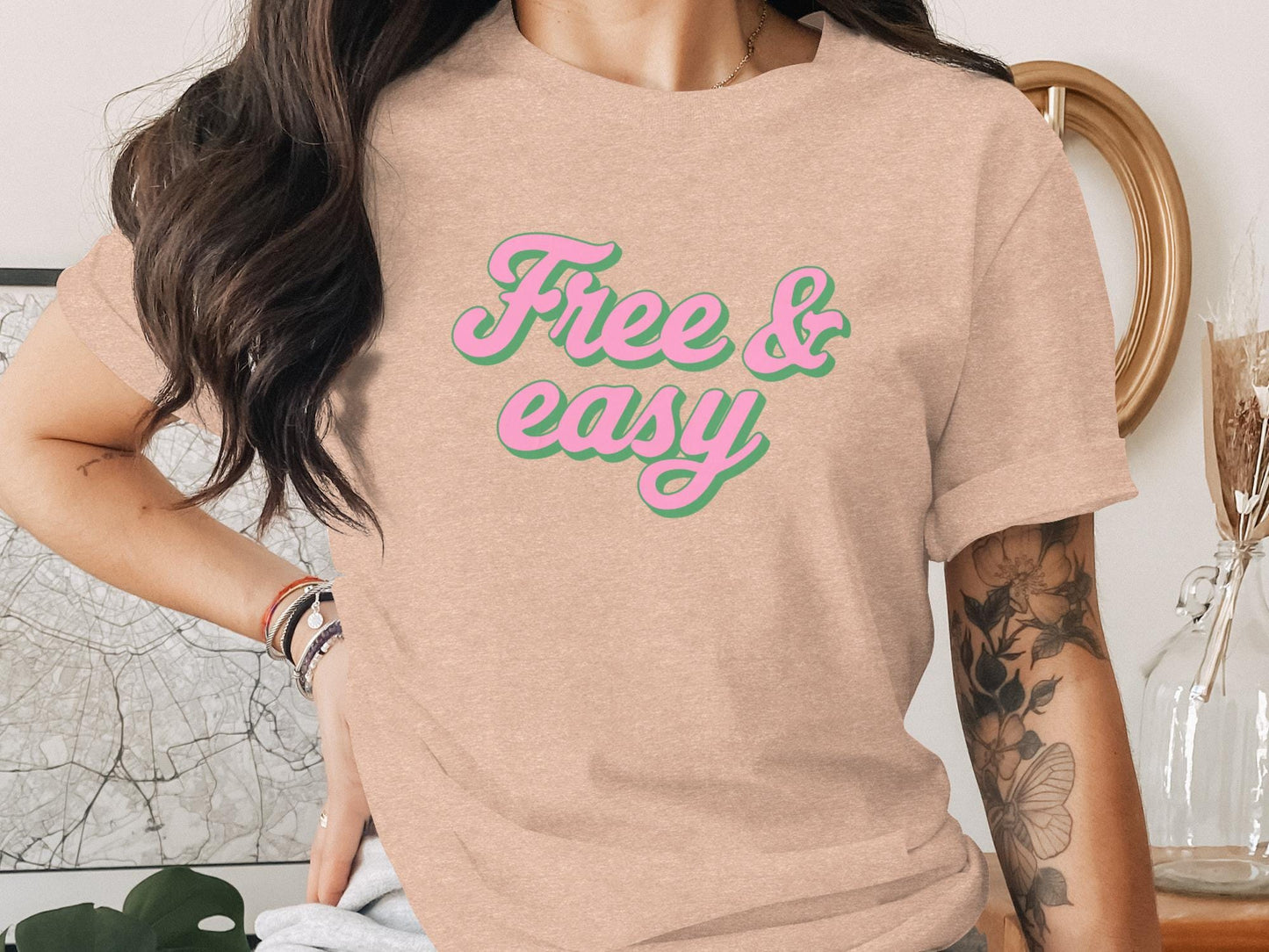 Free and Easy Graphic Tee, Pink Green Slogan Shirt