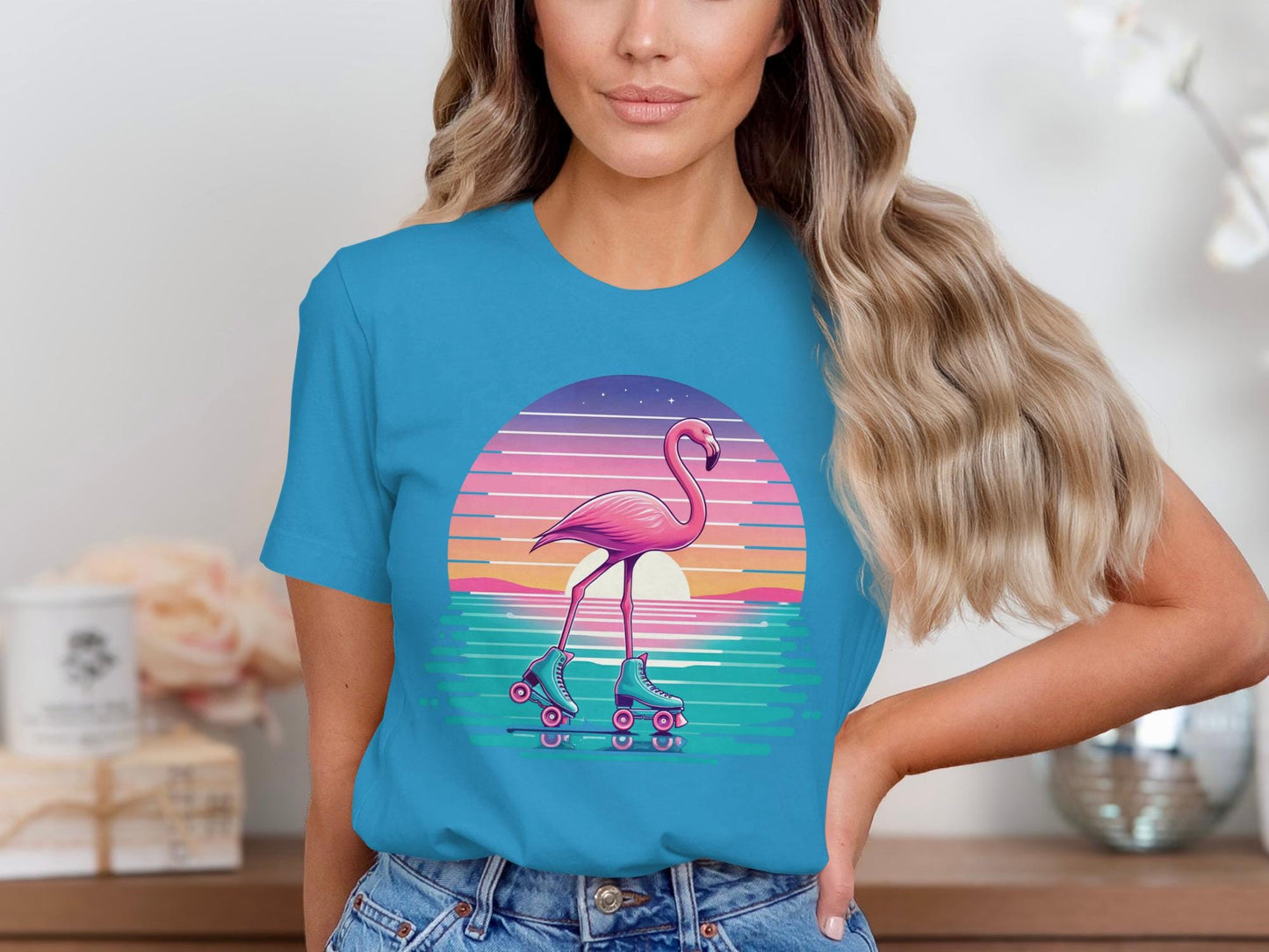 Flamingo Roller Skate T-Shirt, Retro Sunset Graphic Tee
