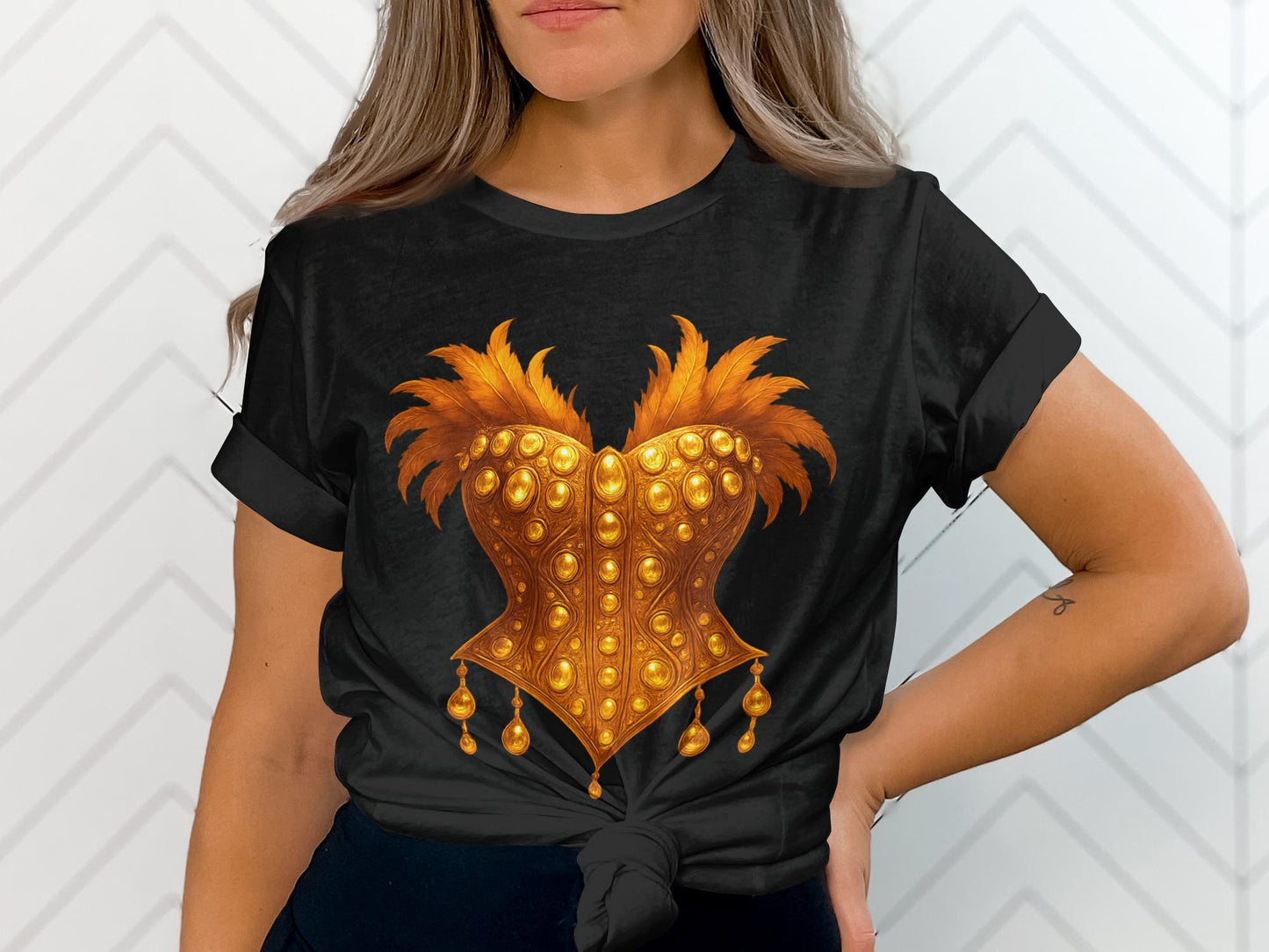 Golden Corset Graphic Tee, Showgirl Costume T-Shirt
