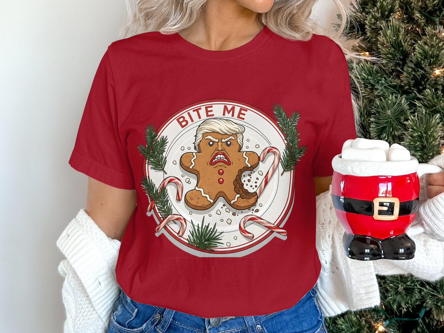 Bite Me Gingerbread Trump T-Shirt, Funny Political Tee, Anti Trump Xmas Gift, Holiday Season Shirt, Controversial Humor Apparel