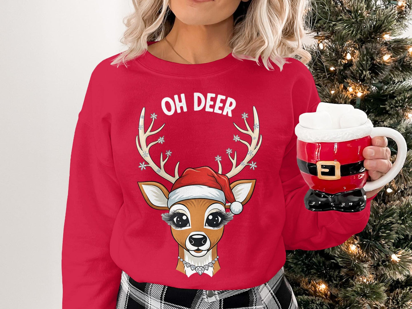 Reindeer T-Shirt, Christmas Deer Shirt, Cute Santa Hat Reindeer, Holiday T Shirt, Xmas Season Apparel, Trendy Deer Top