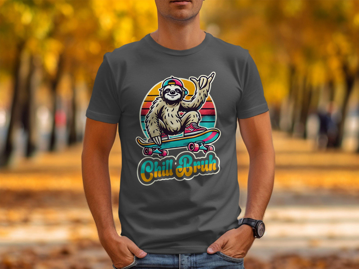Funny Sloth Skateboard Graphic Tee: Retro Chill Bruh Design