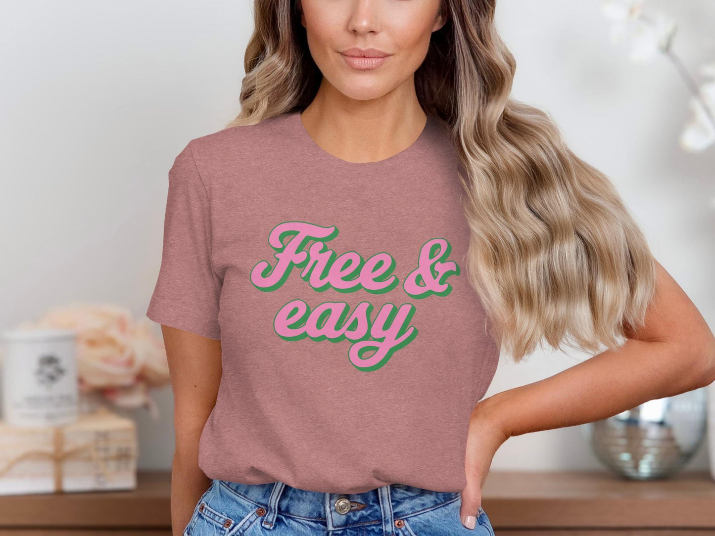 Free and Easy Graphic Tee, Pink Green Slogan Shirt