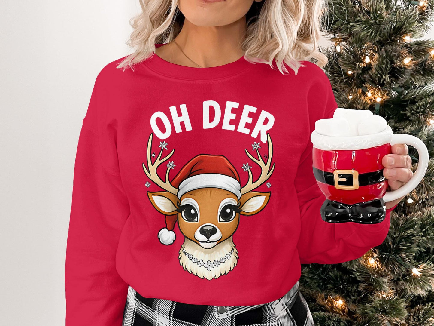 Christmas Deer T-Shirt: Cartoon Santa Hat Reindeer Tee