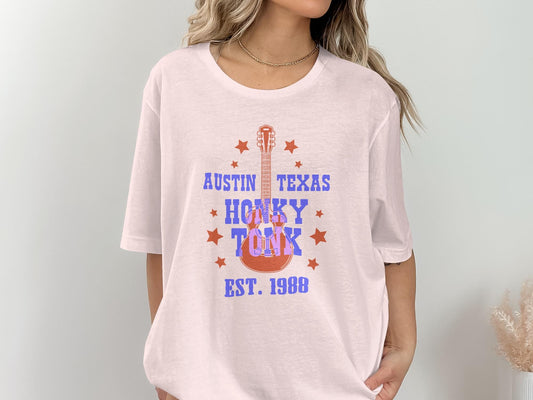 Austin Texas Honky Tonk Guitar T-Shirt, Music Lover Gift