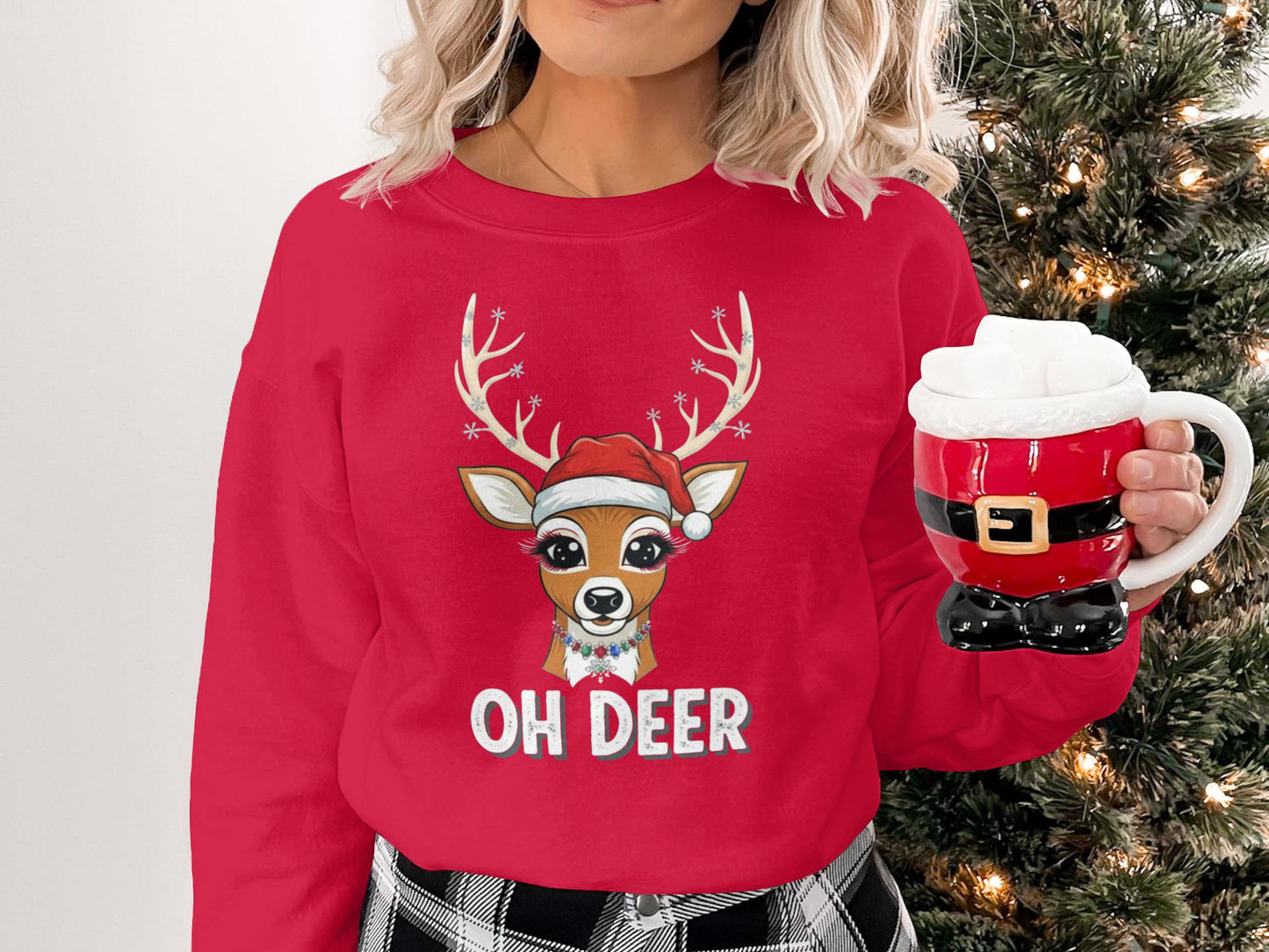 Oh Deer Christmas T-Shirt, Reindeer Santa Hat, Holiday Tee