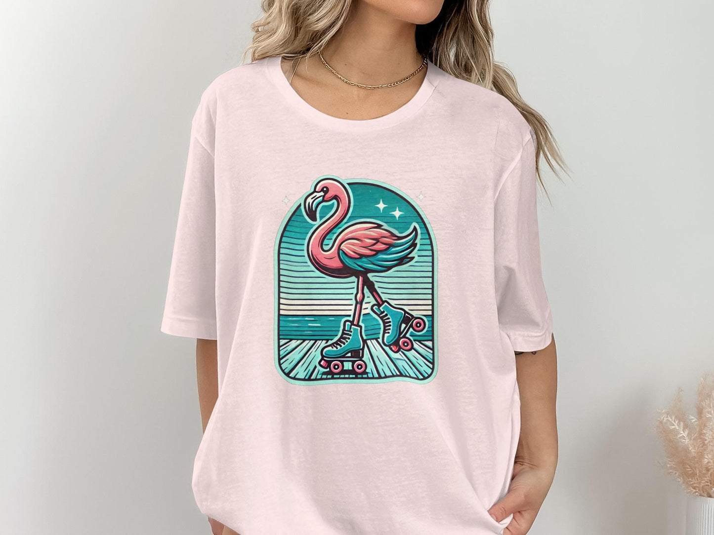 Retro Roller Flamingo T-Shirt, Fun Unique Design