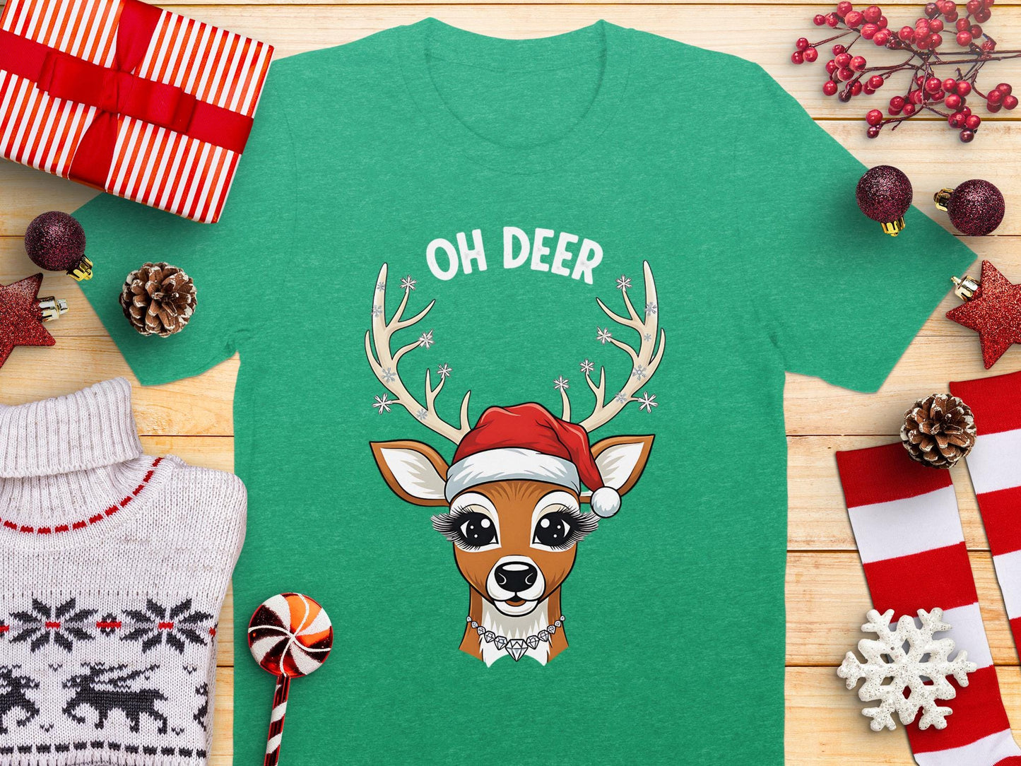Reindeer T-Shirt, Christmas Deer Shirt, Cute Santa Hat Reindeer, Holiday T Shirt, Xmas Season Apparel, Trendy Deer Top