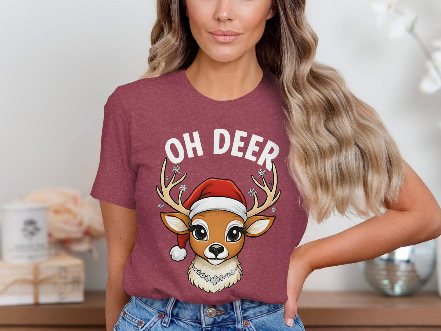 Christmas Deer T-Shirt: Cartoon Santa Hat Reindeer Tee