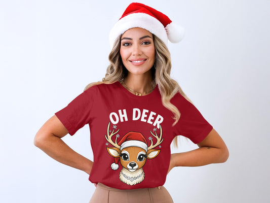 Christmas Deer T-Shirt: Cartoon Santa Hat Reindeer Tee
