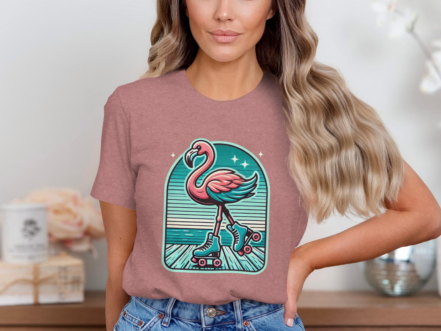 Retro Roller Flamingo T-Shirt, Fun Unique Design