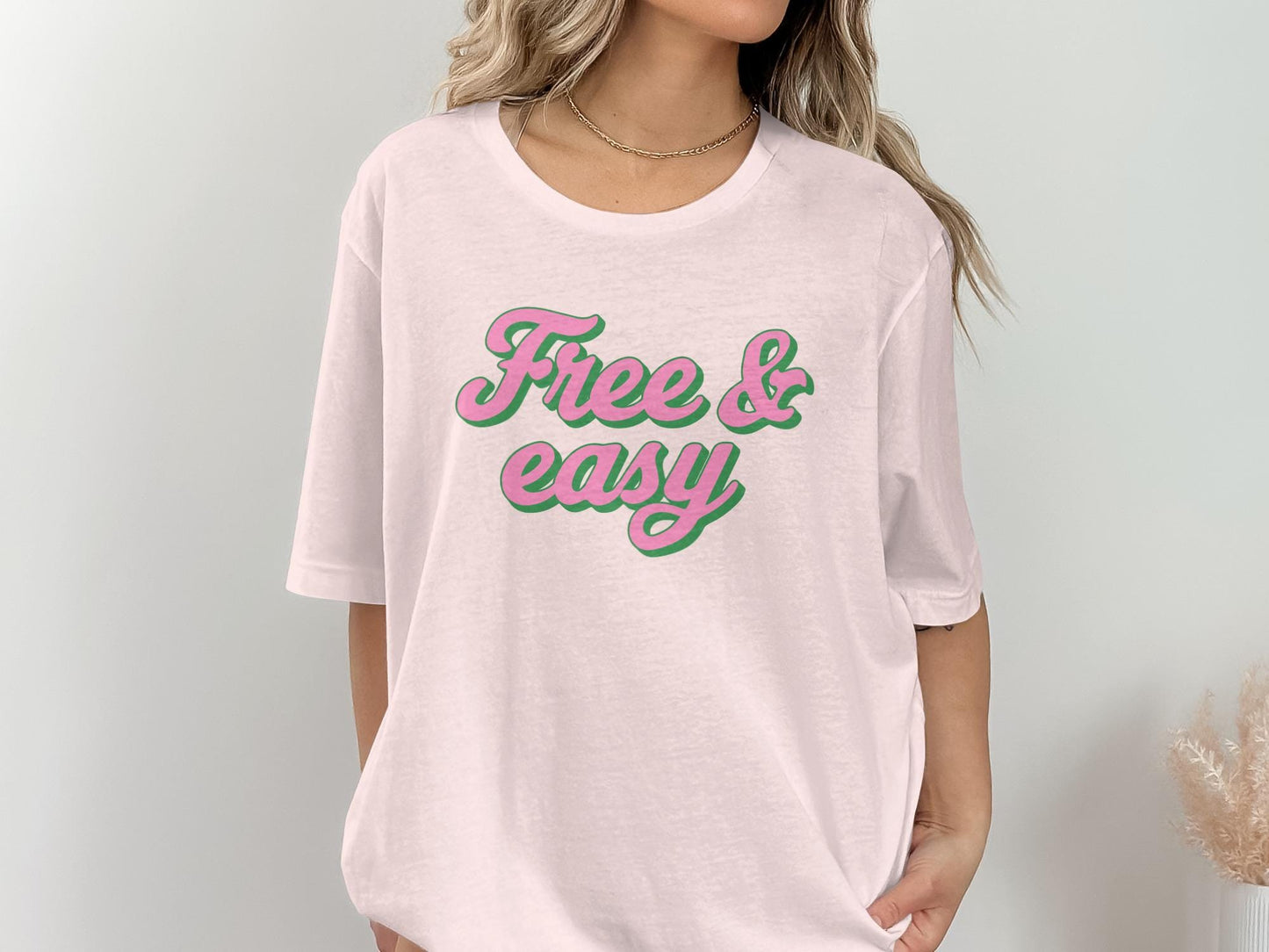 Free and Easy Graphic Tee, Pink Green Slogan Shirt