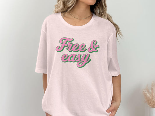 Free and Easy Graphic Tee, Pink Green Slogan Shirt