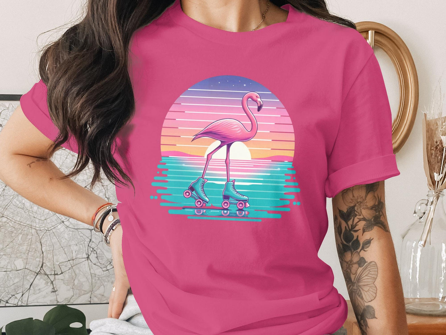 Flamingo Roller Skate T-Shirt, Retro Sunset Graphic Tee