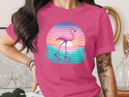 Flamingo Roller Skate T-Shirt, Retro Sunset Graphic Tee