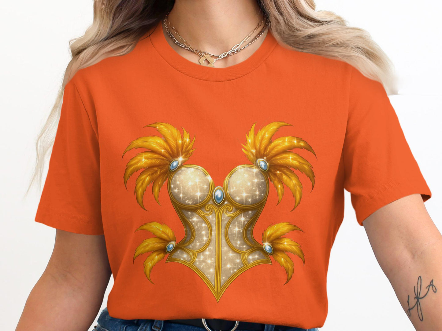 Golden Corset Graphic T-Shirt, Feather Embellished Bodice Top