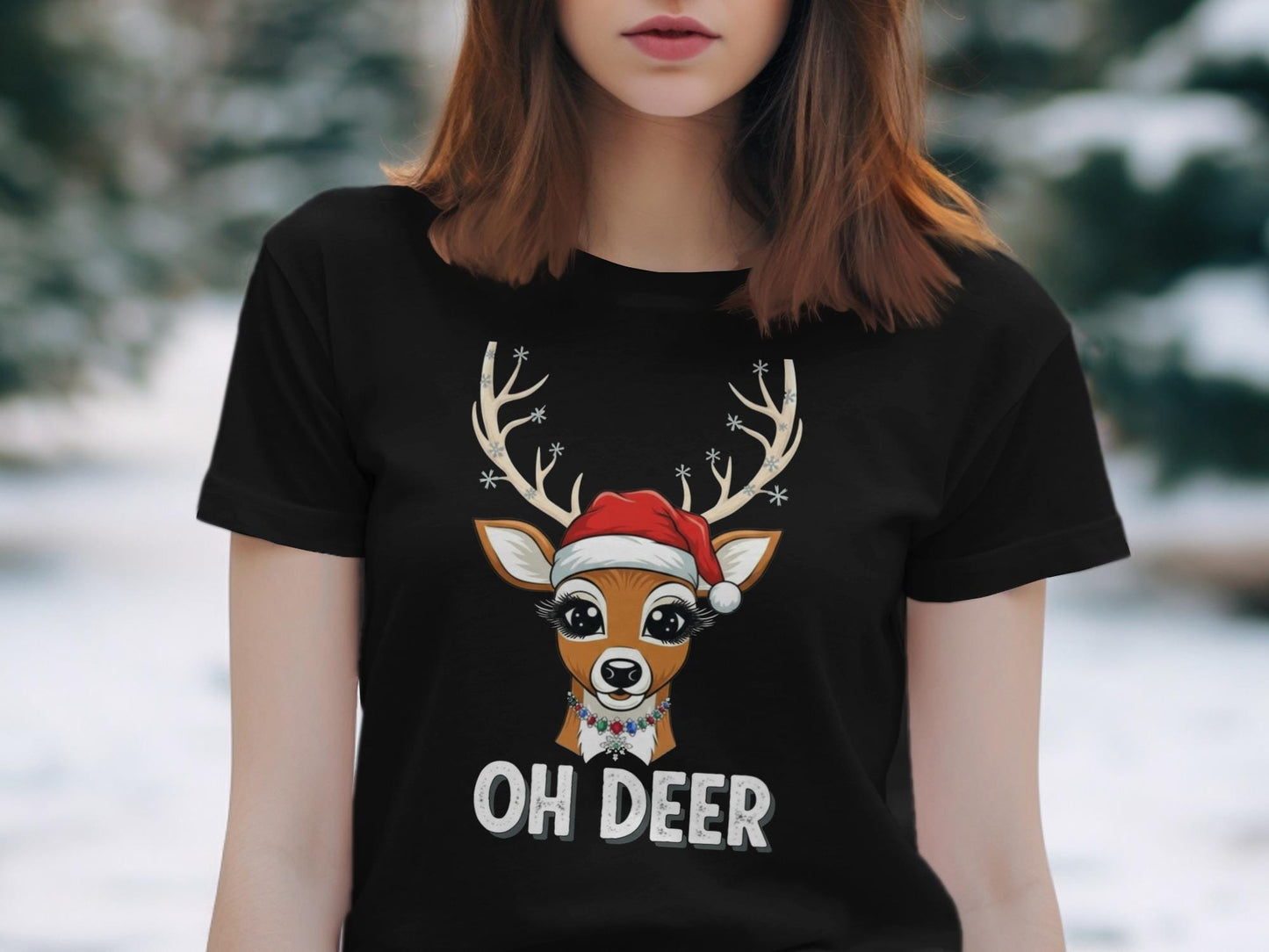 Oh Deer Christmas T-Shirt, Reindeer Santa Hat, Holiday Tee