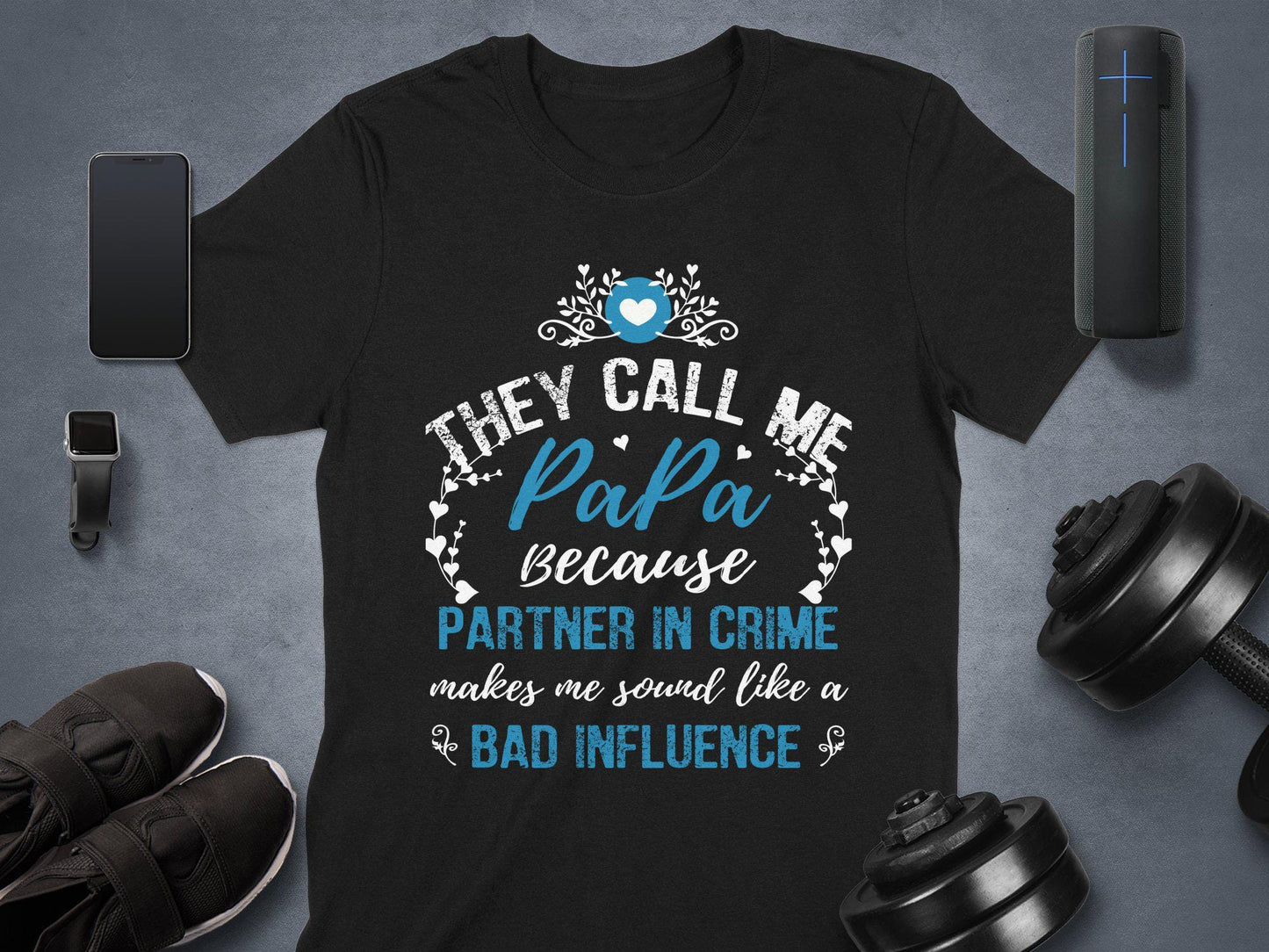Papa Partner in Crime T-Shirts, Bad Influence, Gift for Dad, Fathers Day, Funny Dad Tee