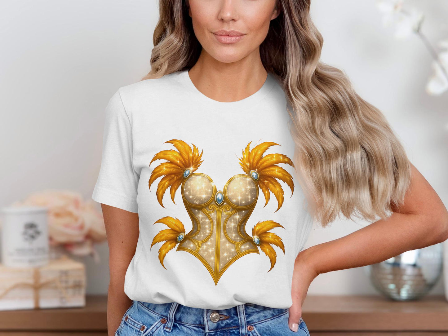 Golden Corset Graphic T-Shirt, Feather Embellished Bodice Top