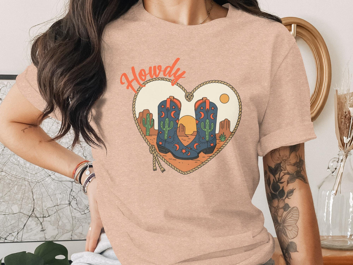 Howdy Cowboy Boots T-Shirt, Western Cactus Heart Tee