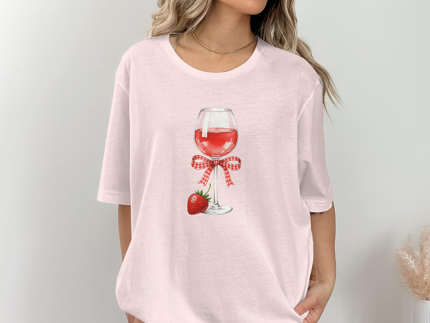 Strawberry Wine T-Shirt, Gingham Bow, Fruit Lover Tee