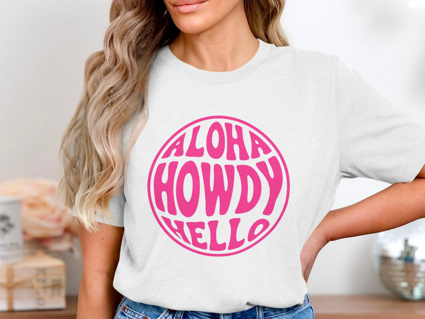 Aloha Howdy Hello T-Shirt, Retro Pink Graphic Tee