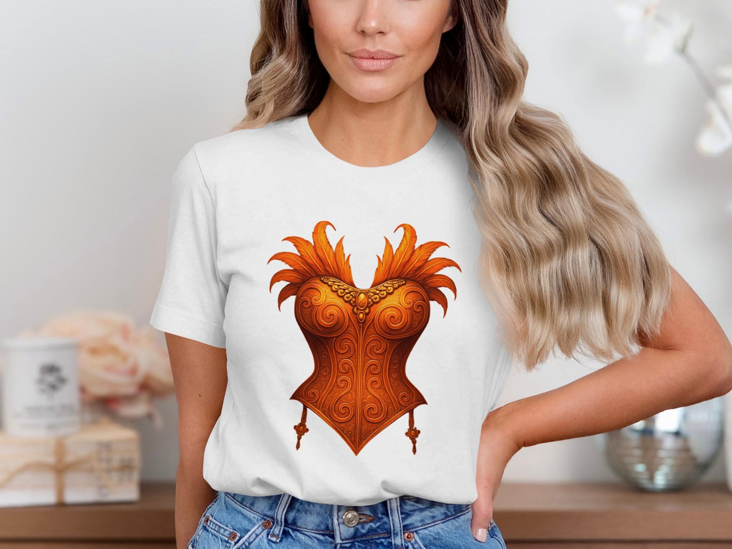 Showgirl Corset T-Shirt, Ornate Feathered Bustier Tee