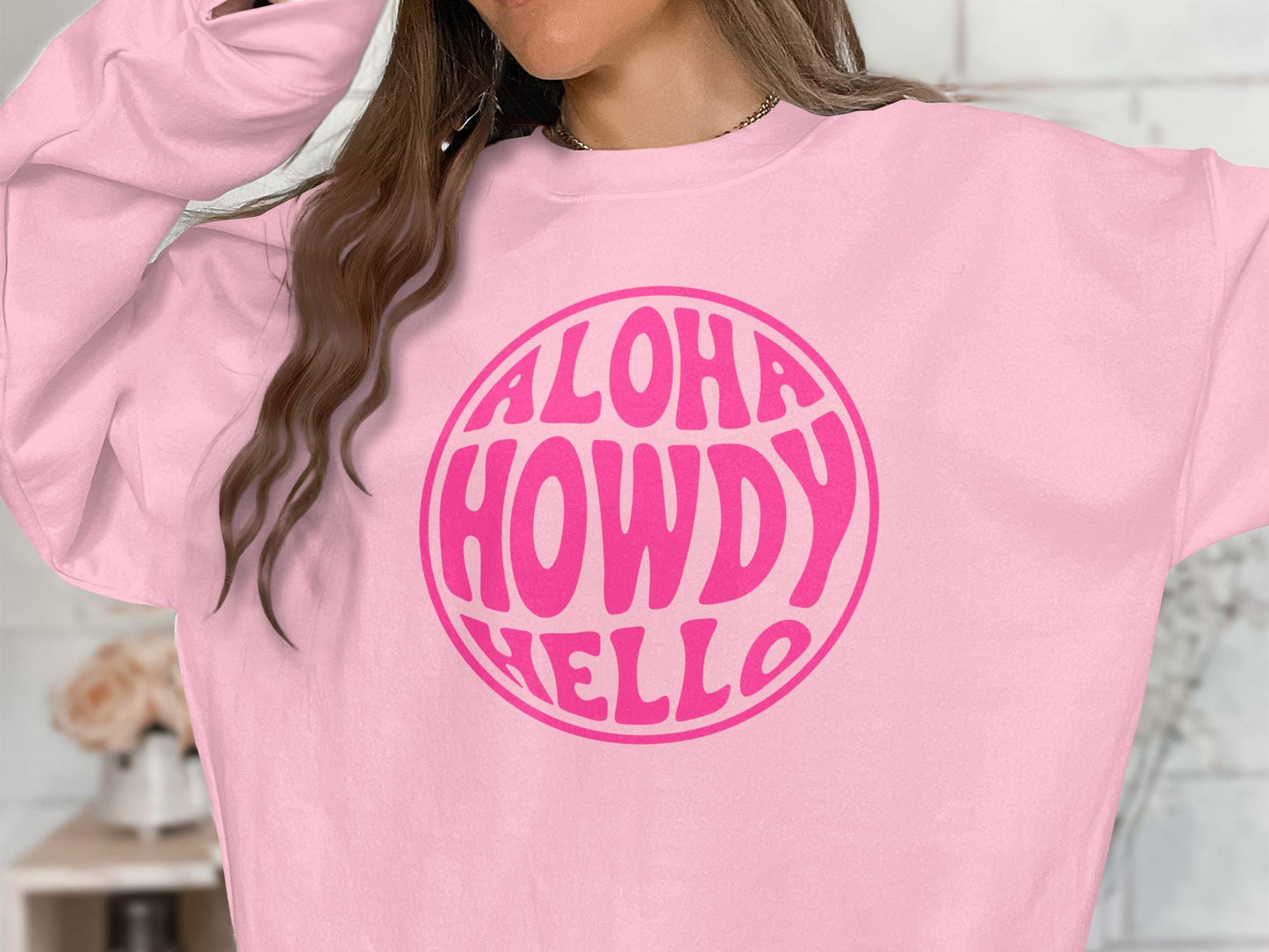 Aloha Howdy Hello T-Shirt, Retro Pink Graphic Tee