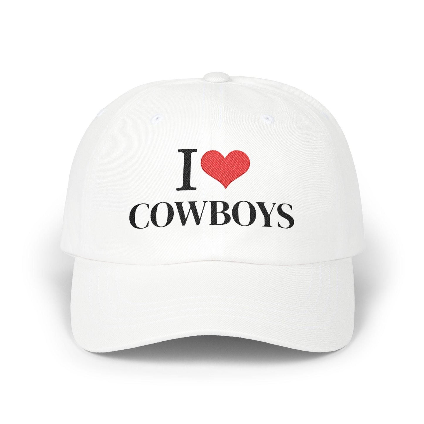 I Heart Cowboys Dad Cap | White Baseball Hat, Embroidered Heart