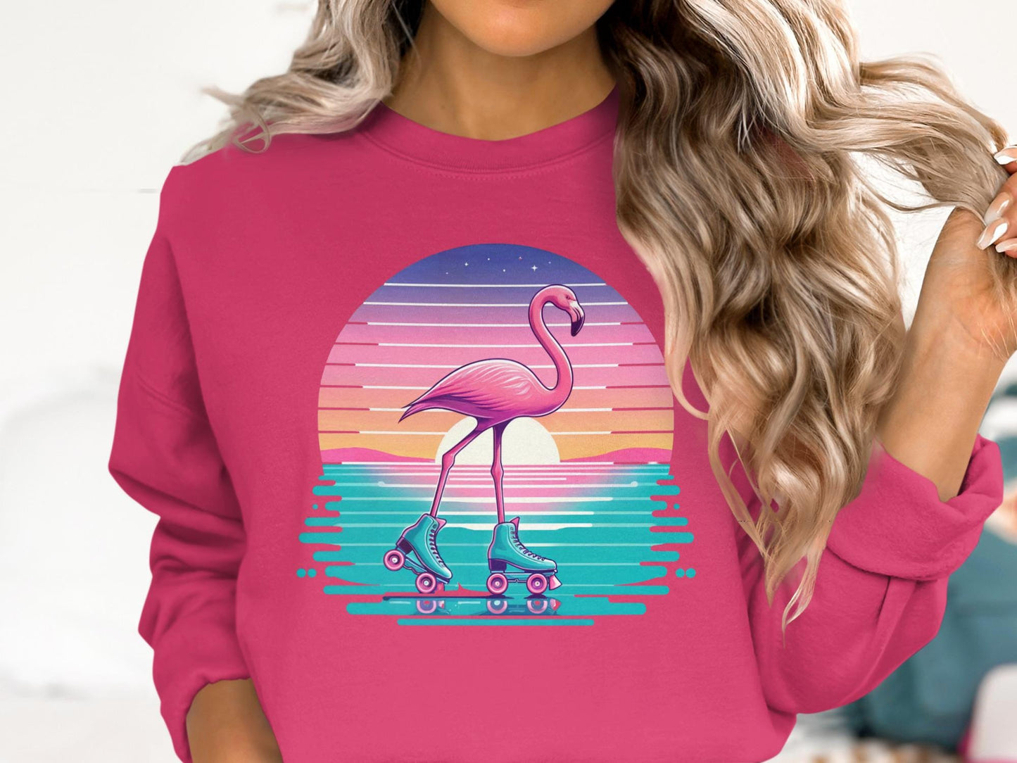 Flamingo Roller Skate T-Shirt, Retro Sunset Graphic Tee