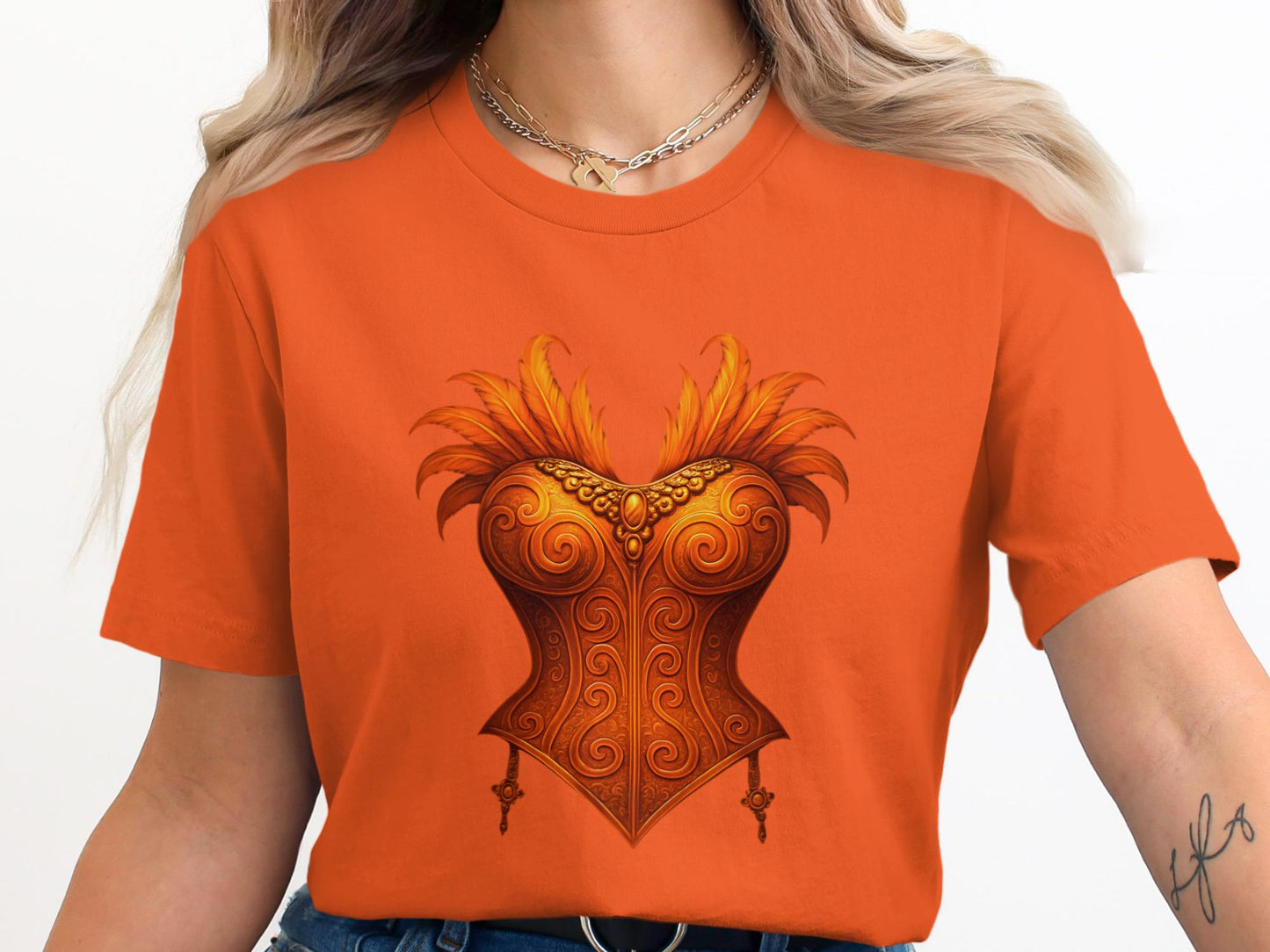 Showgirl Corset T-Shirt, Ornate Feathered Bustier Tee