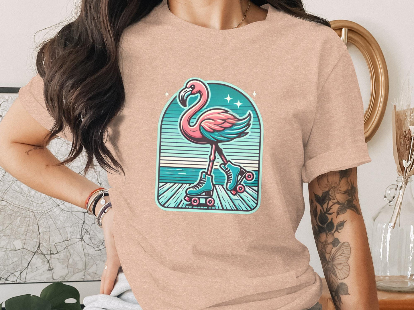 Retro Roller Flamingo T-Shirt, Fun Unique Design