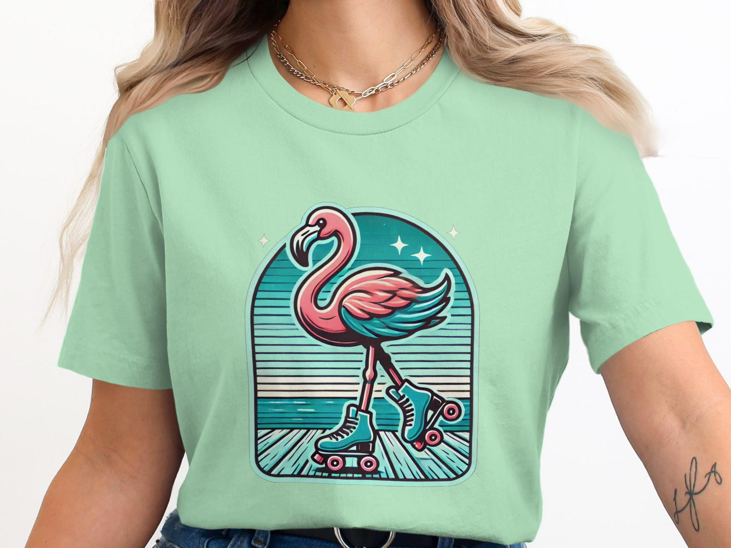 Retro Roller Flamingo T-Shirt, Fun Unique Design