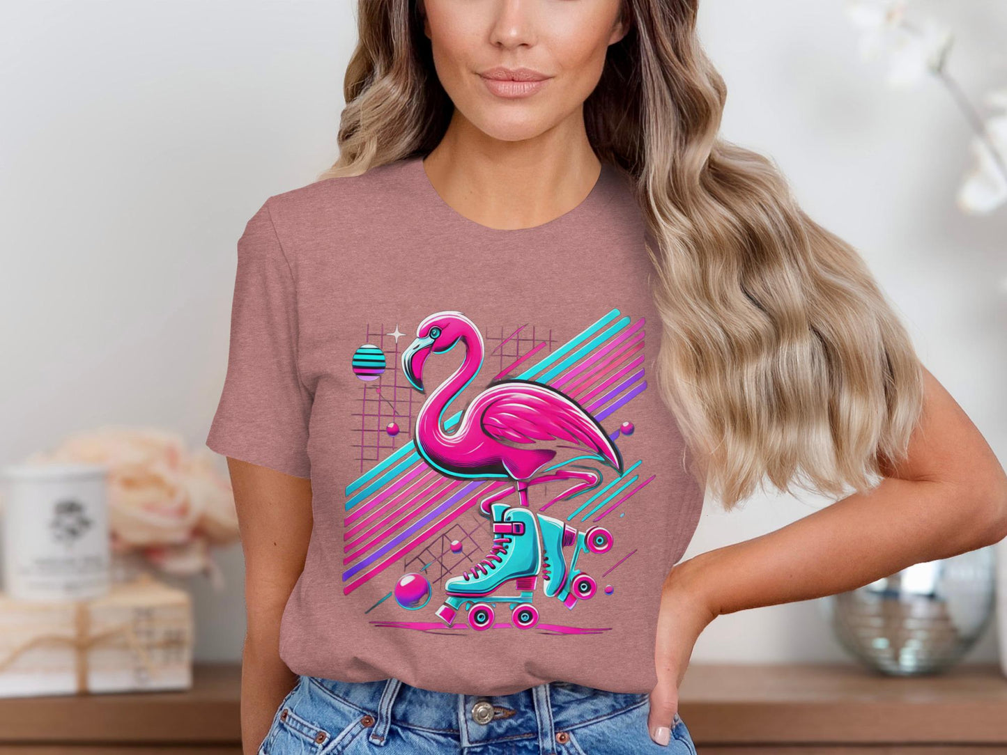 Flamingo Roller Skate T-Shirt, Retro 80s Graphic Tee