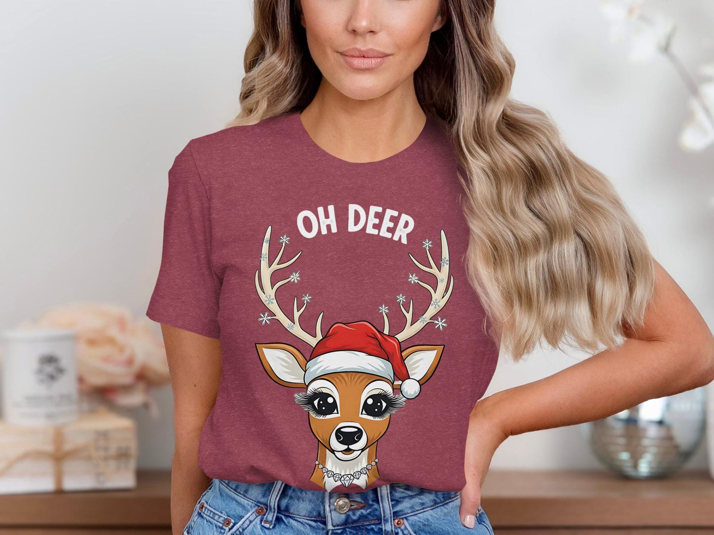 Reindeer T-Shirt, Christmas Deer Shirt, Cute Santa Hat Reindeer, Holiday T Shirt, Xmas Season Apparel, Trendy Deer Top