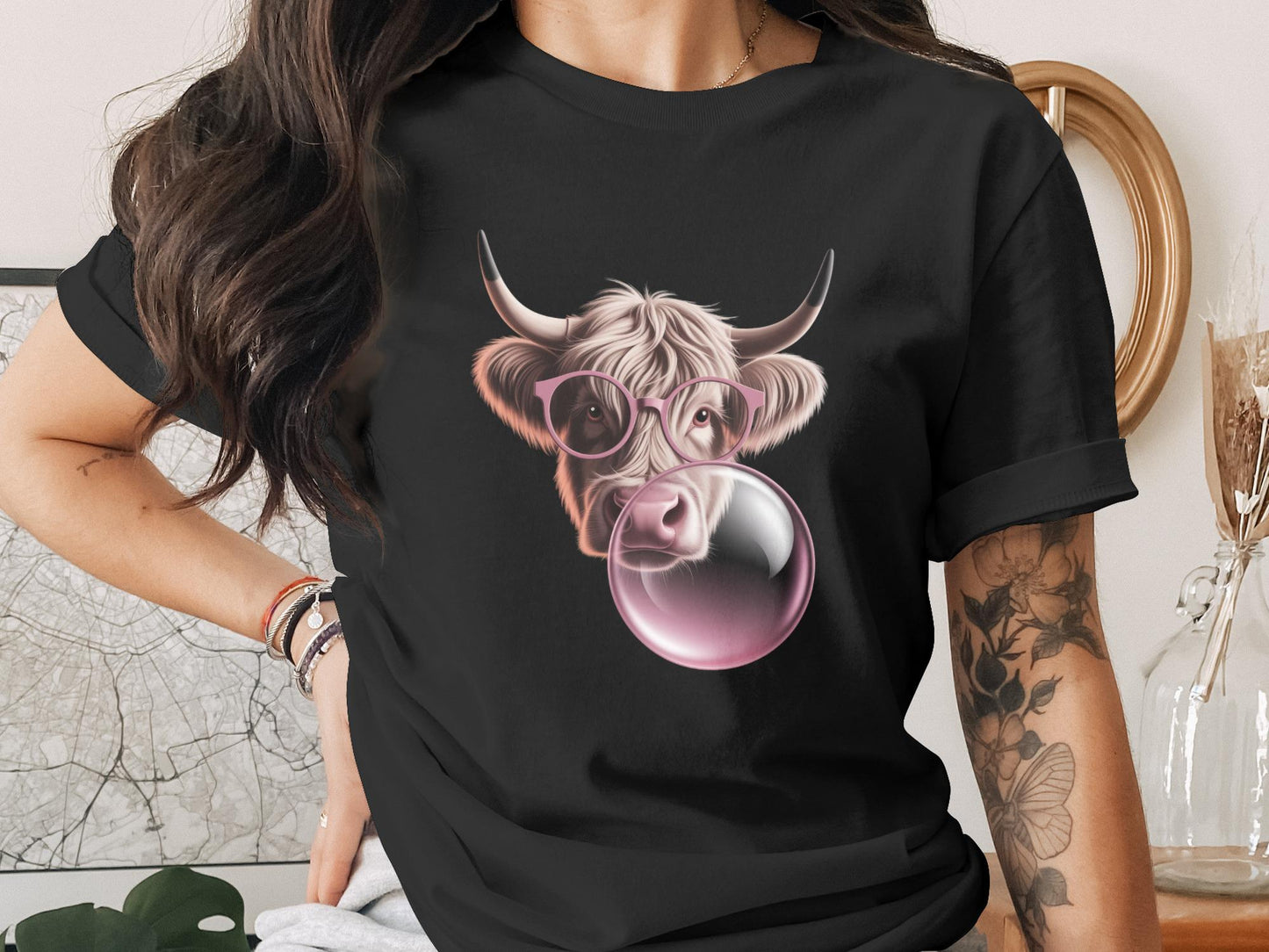 Highland Cow T-Shirt, Pink Glasses, Bubble Gum, Funny Animal Tee