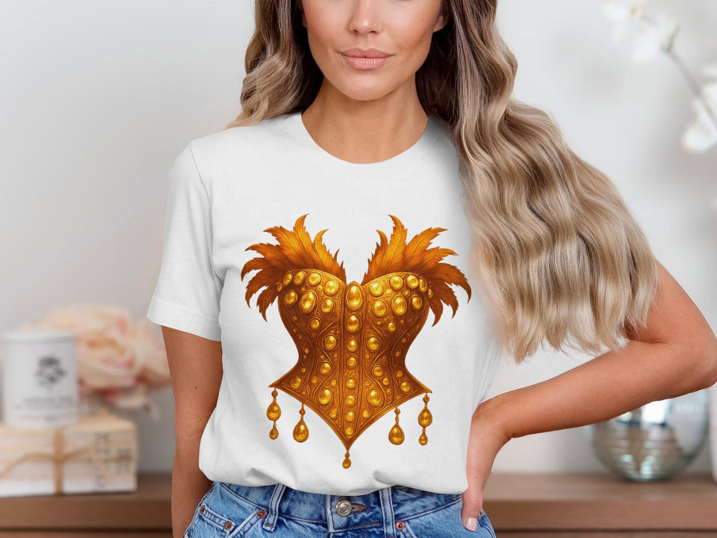 Golden Corset Graphic Tee, Showgirl Costume T-Shirt